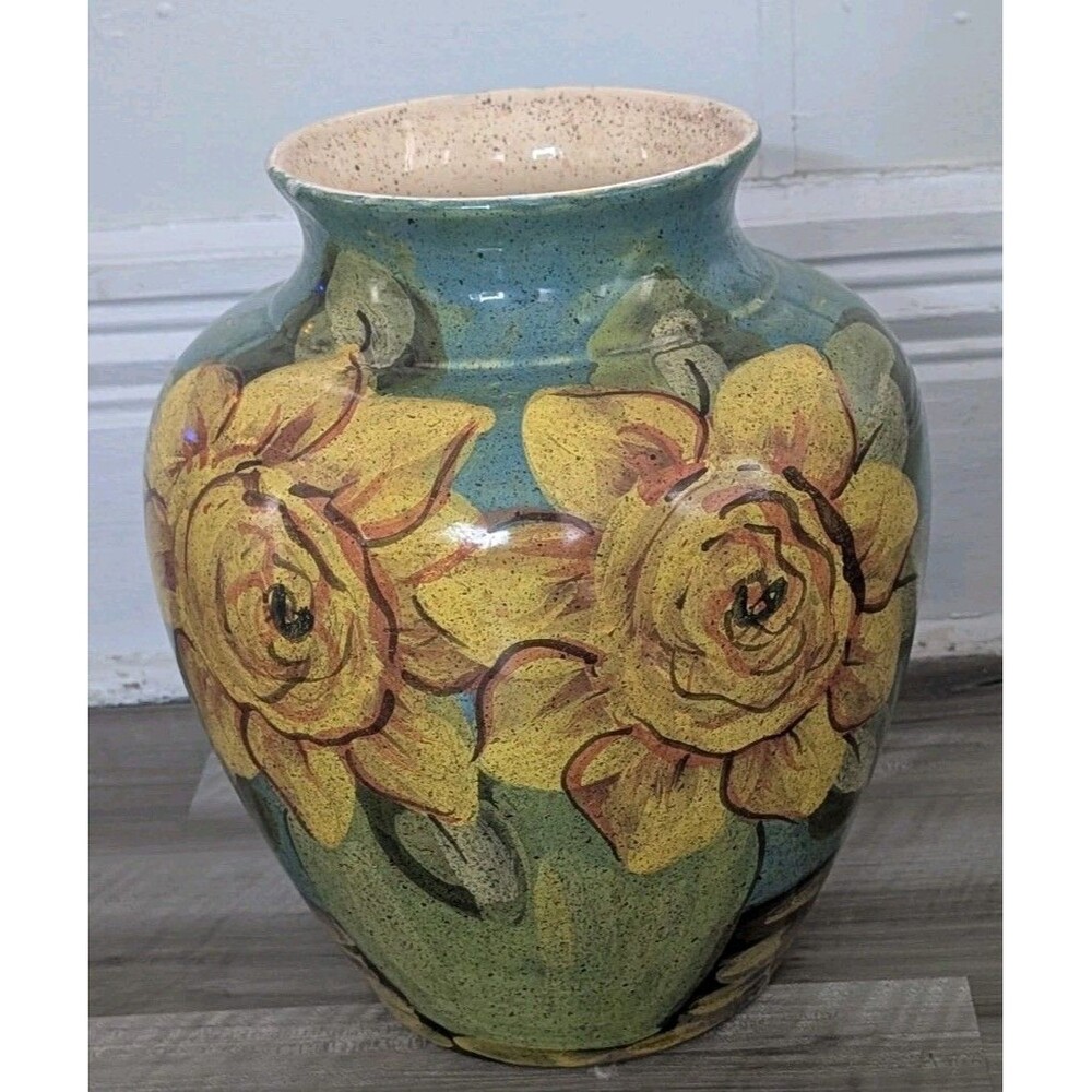Vtg Large Italian Majolica Art Pottery Sunflower Vase 14" Hand Painted Italy